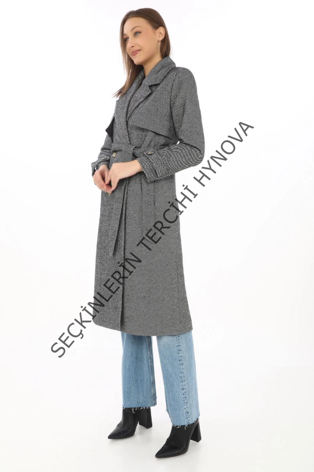 Uzun Kaşe Kaban – Balık Sırtı Dokuma Kaşmir Kumaş, Kruvaze Yaka, Kuşaklı Cepli Model, Oversize Rahat Kalıp - Boyalı Gri