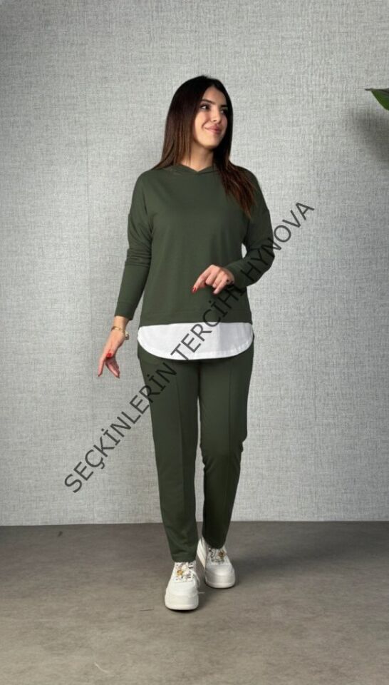 Kadın Uzun Kollu Kapşonlu Bağcıklı Viskon Iki Iplik Bluz Ve Pantolon Ikili Takım