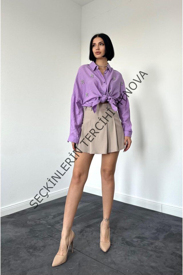 Lila Kristal Taşlı Gömlek