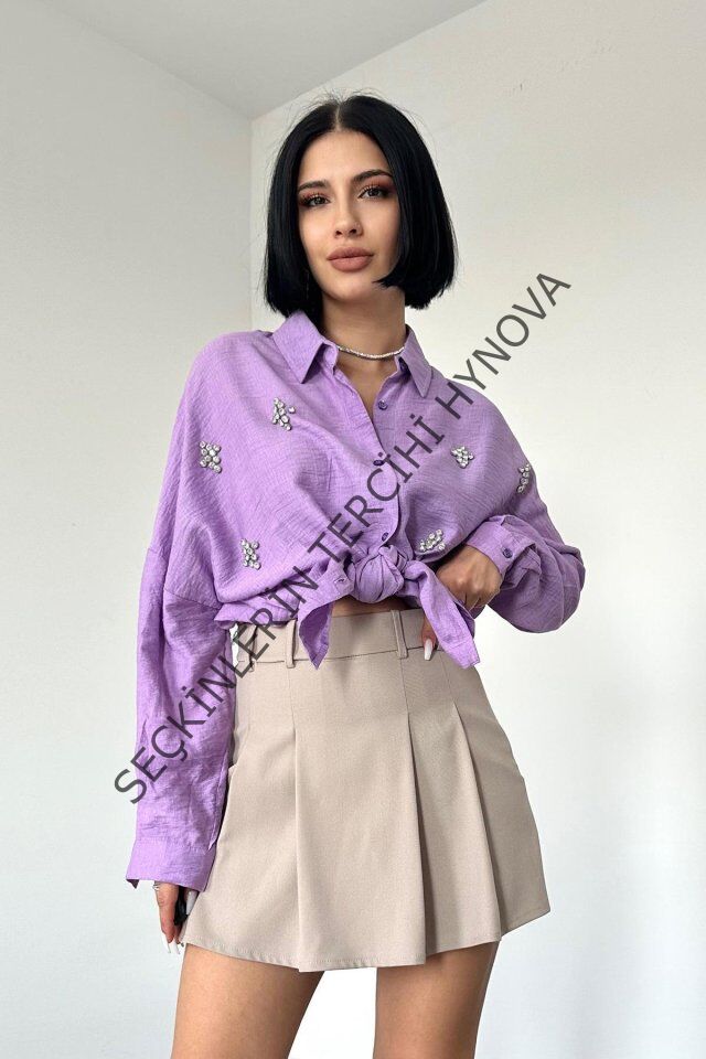 Lila Kristal Taşlı Gömlek