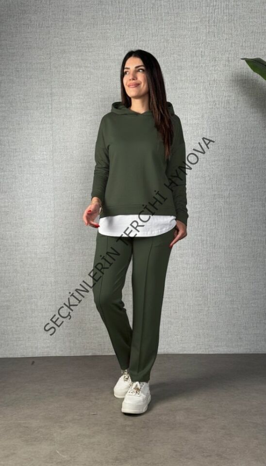 Kadın Uzun Kollu Kapşonlu Bağcıklı Viskon Iki Iplik Bluz Ve Pantolon Ikili Takım