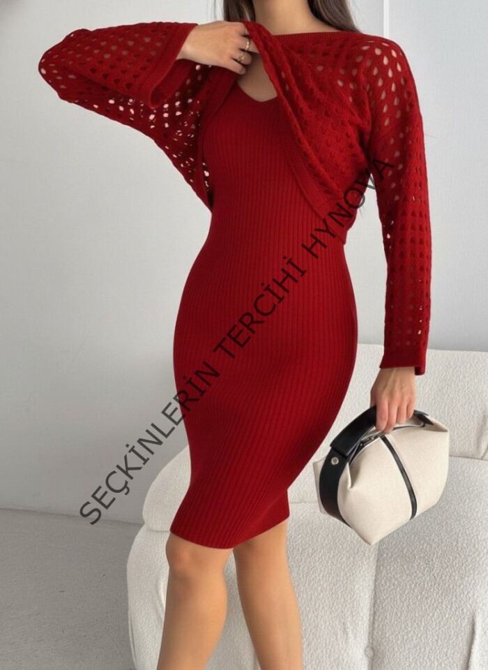 Kadın Uzun Kollu Delikli Kazak Askılı Elbise Triko Ikili Takım