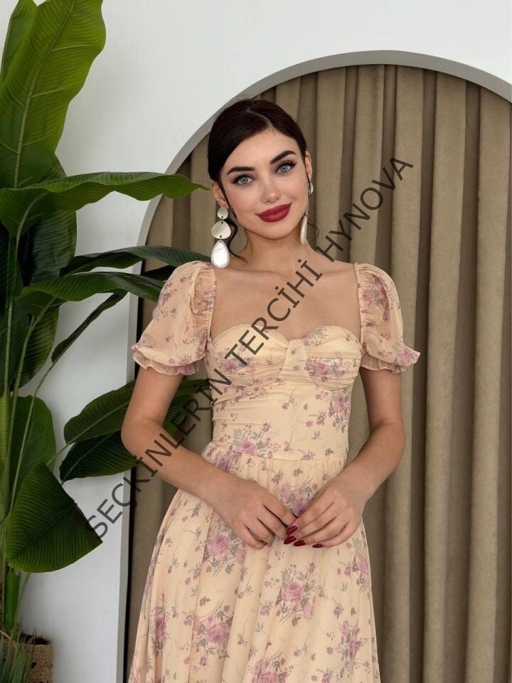 ŞİFON KUMAŞ DİJİTAL DESEN BASKILI ELBİSE