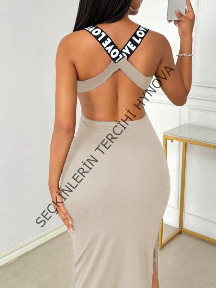 Kadın Yuvarlak Yaka Sırttan çapraz şerit Love Detaylı Yırtmaçlı Viskon Elbise