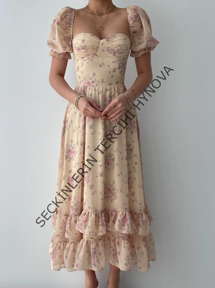 ŞİFON KUMAŞ DİJİTAL DESEN BASKILI ELBİSE