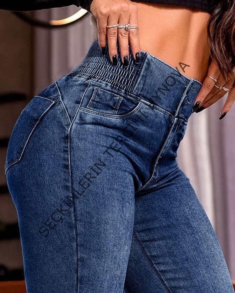 Kadın Yüksek Bel Yanları Lastik önü Düğmeli Kot Pantolon