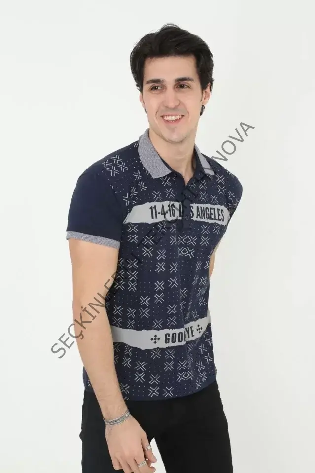Erkek Yakalı Slim Fit Baskılı T-Shirt - Lacivert