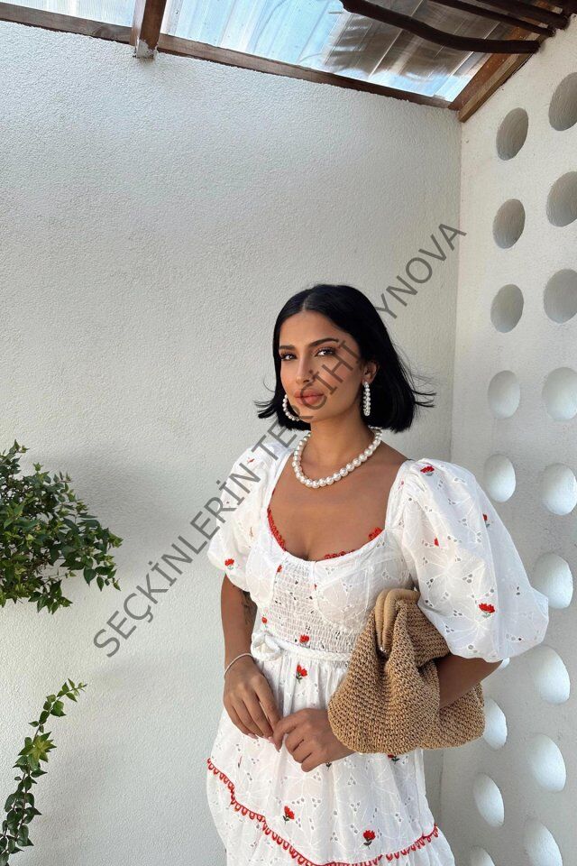 Nar Çiçeği Dantel Detaylı Brode Elbise