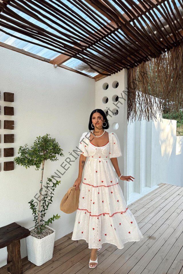 Nar Çiçeği Dantel Detaylı Brode Elbise