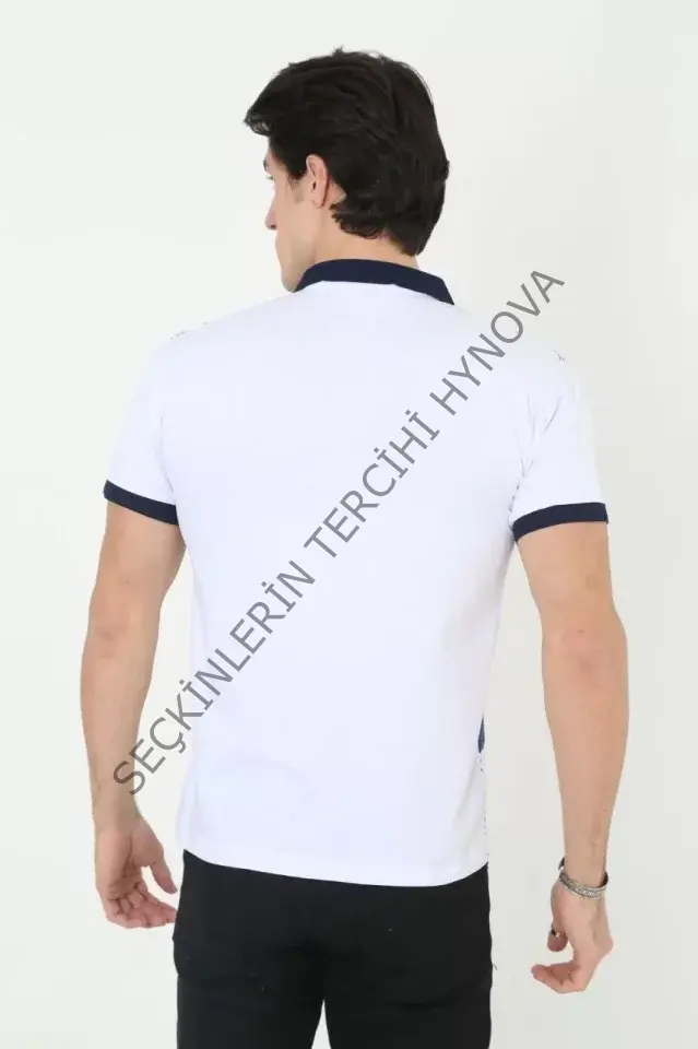 Erkek Yakalı Slim Fit Baskılı T-Shirt - Beyaz
