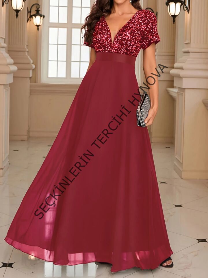 Kadın Kısa Kollu Derin V Yakalı A Kesim Pulpayet Detaylı şifon Nedime Elbisesi