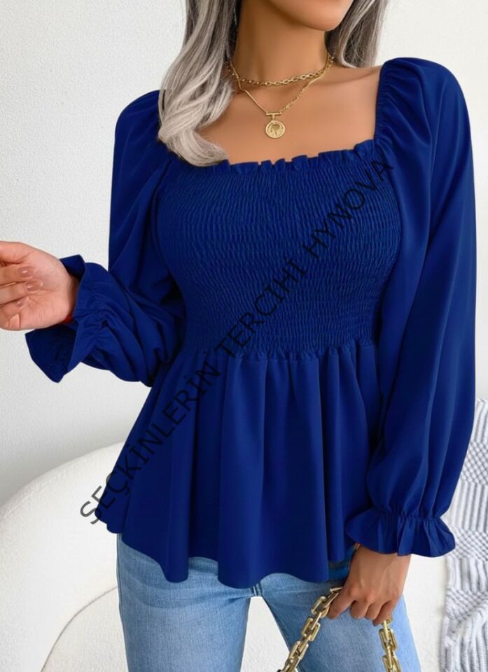 Kadın Uzun Kollu Geometrik Yakalı Gipe Detaylı Krep Bluz