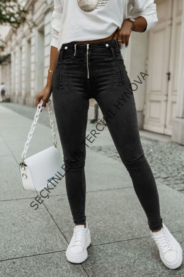 Kadın Fermuar Detay Yüksek Kemerli Kot Pantolon