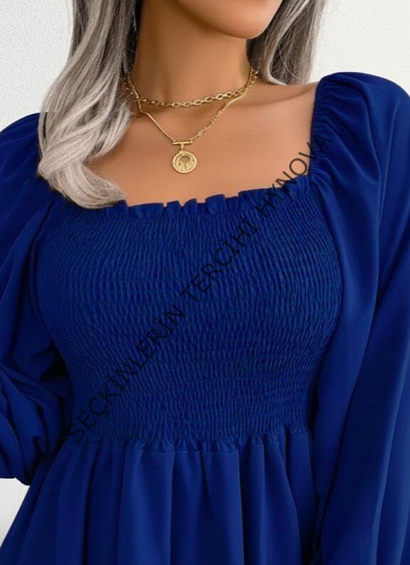 Kadın Uzun Kollu Geometrik Yakalı Gipe Detaylı Krep Bluz