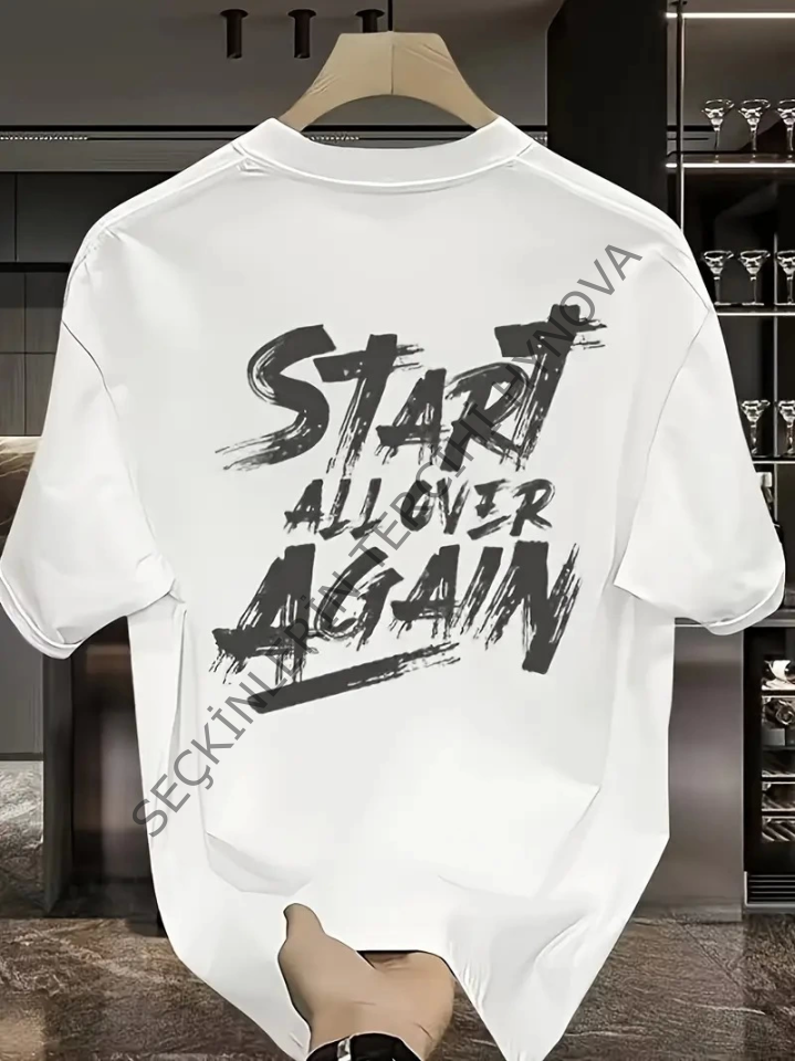 Baskılı Oversize Bisiklet Yaka T-shirt - Beyaz