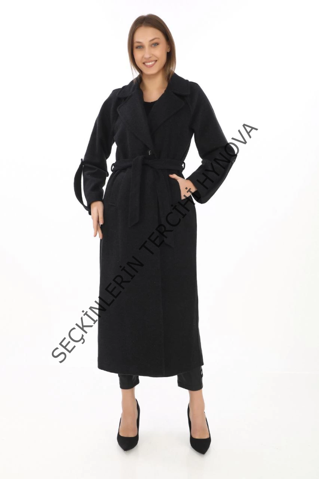 Uzun Kaşe Kaban – Yünlü Dokuma Kaşmir Kumaş, Kruvaze Yaka, Kuşaklı Astarlı Tesettür Uyumlu Şık Kışlık Siyah Model - Siyah
