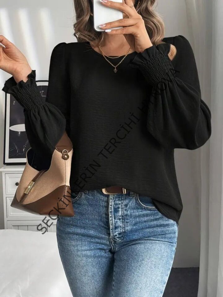 Kadın Uzun Kollu Yuvarlak Yaka Aerobin Bluz