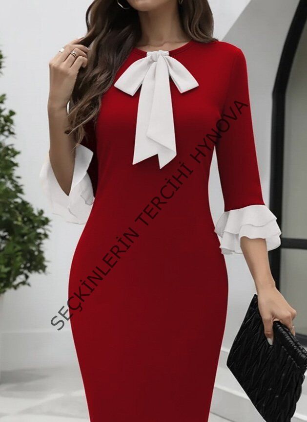 Kadın Truvakar Kollu Fiyonk Yakalı Midi Ithal Krep Elbise
