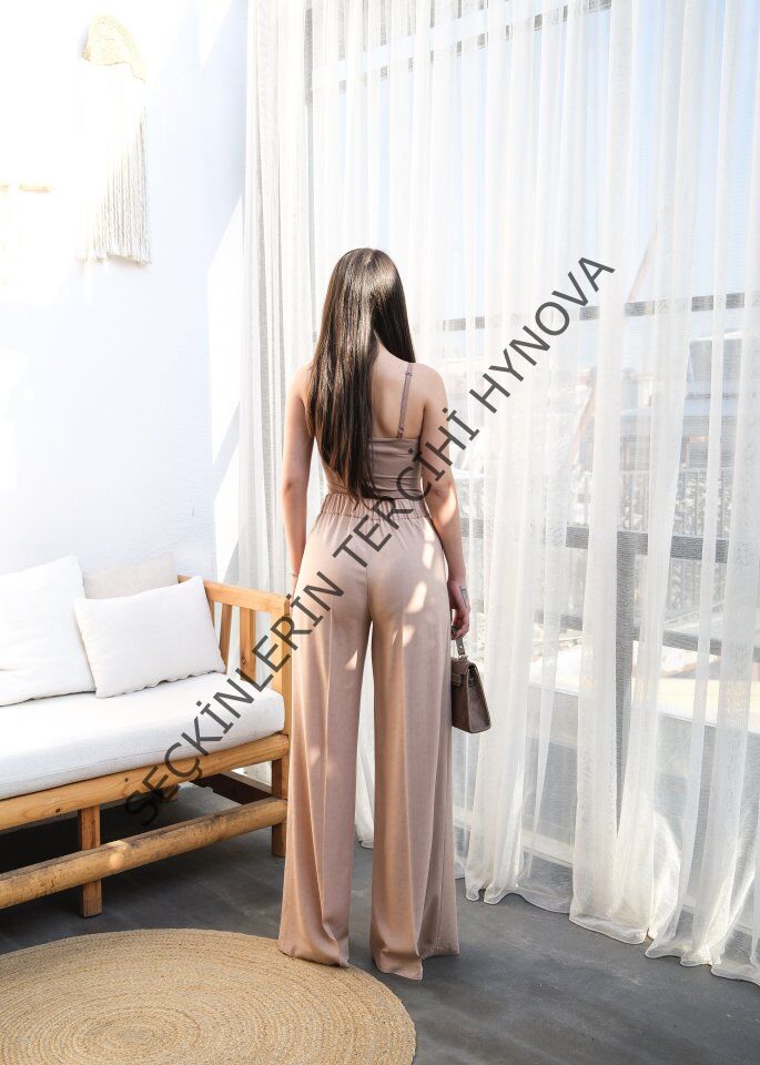 Keten Önü Çapraz Parçali Lasti̇kli̇ Ve Bağcikli Geni̇ş Paça Pantolon