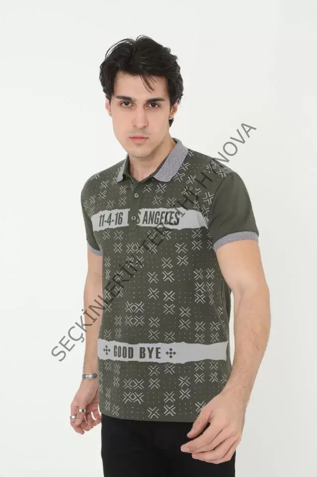 Erkek Yakalı Slim Fit Baskılı T-Shirt - Haki