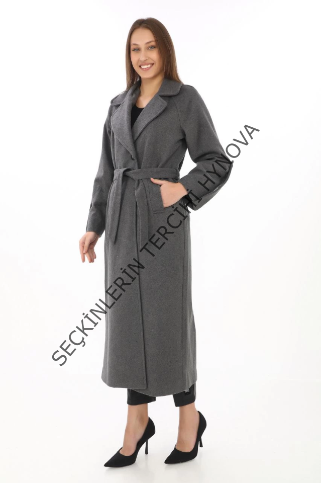 Uzun Kaşe Kaban – Yünlü Dokuma Kaşmir Kumaş, Kruvaze Yaka, Kuşaklı Astarlı Tesettür Uyumlu Şık Kışlık Siyah Model - Füme