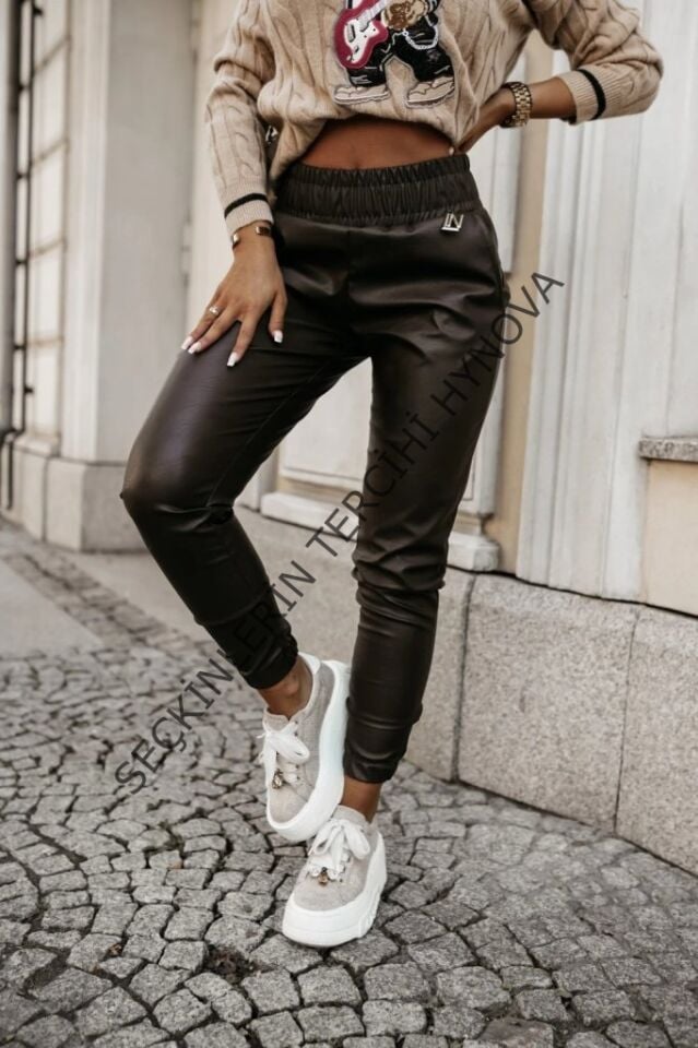 Kadın Yüksek Bel Lastikli Cepli Deri Pantolon