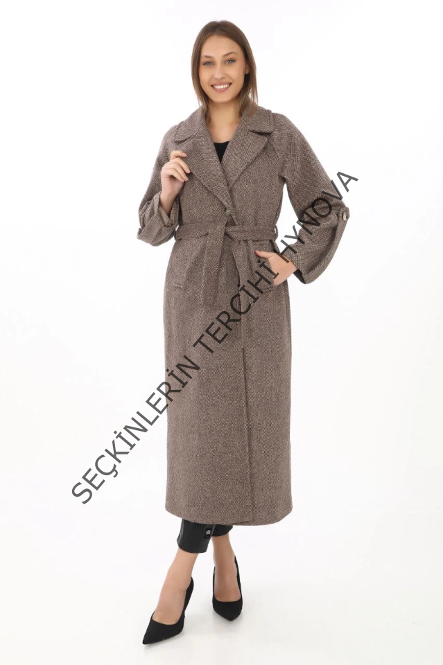 Uzun Kaşe Kaban – Yünlü Dokuma Kaşmir Kumaş, Kruvaze Yaka, Kuşaklı Astarlı Tesettür Uyumlu Şık Kışlık Siyah Model- Vizon