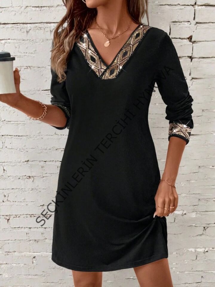 Kadın Uzun Kollu V Yakalı Pulpayet Detaylı Mini Ithal Krep Elbise