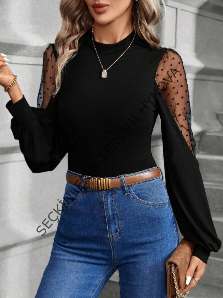 Kadın Uzun Kollu Yarı Balıkçı Yaka Kolları Tül Detaylı Ithal Krep Bluz