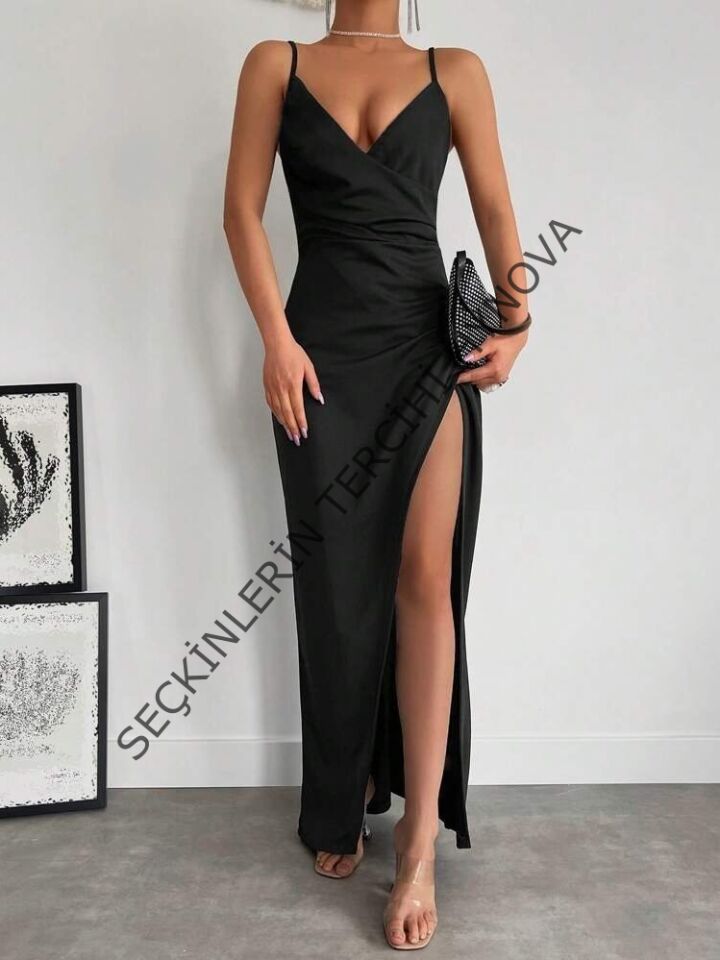 Kadın Askılı Kruvaze Yakalı Yırtmaçlı Krep Elbise