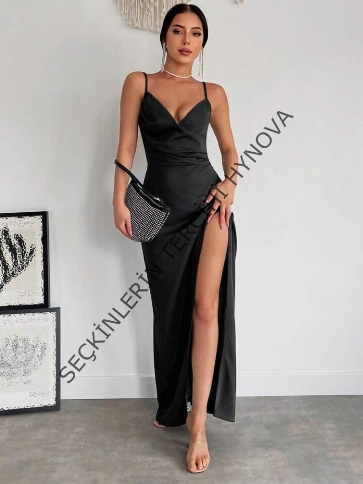 Kadın Askılı Kruvaze Yakalı Yırtmaçlı Krep Elbise