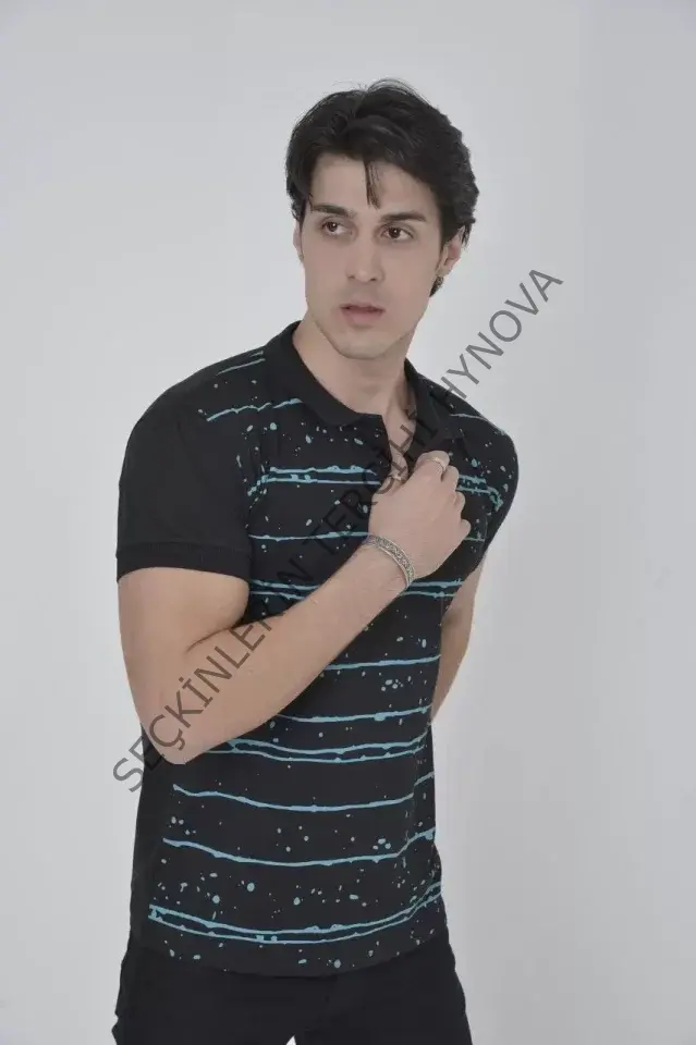 Erkek Yakalı Slim Fit Pike Çizgili T-Shirt - Siyah
