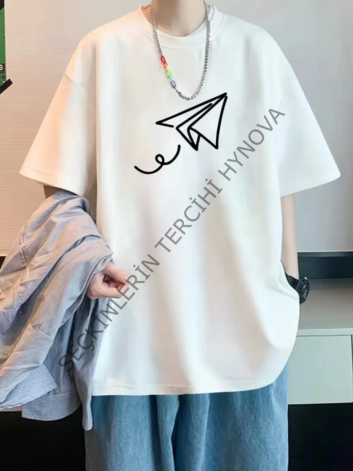 Baskılı Oversize Bisiklet Yaka T-shirt - Beyaz