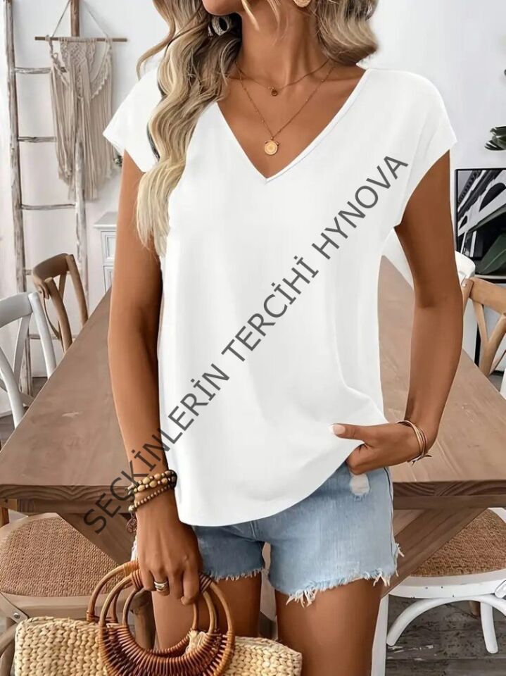 Kadın Kısa Kollu V Yakalı Arkadan Kurdele Detaylı Viskon Bluz