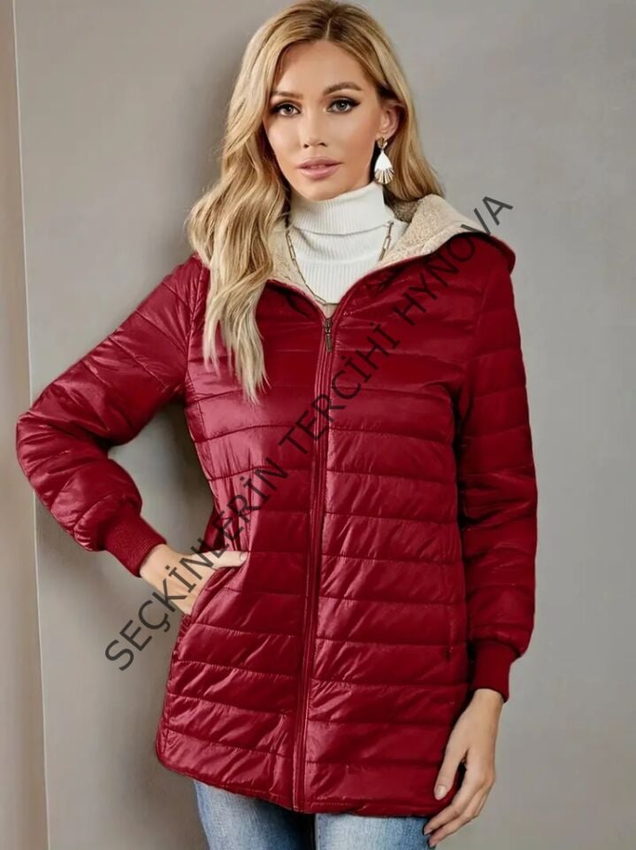 Kadın Uzun Kollu Kapşonlu Cep Detaylı Fermuarlı Orta Boy Mont