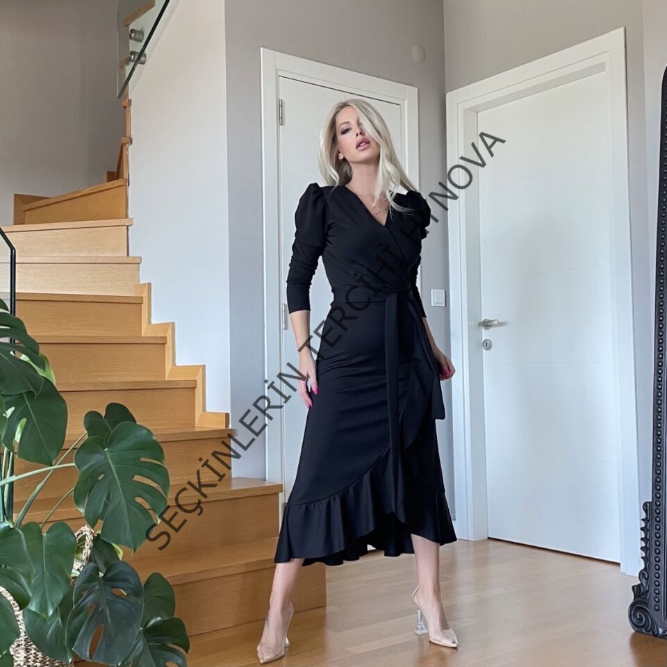 Krep Kumaş Midi Boy Kuşaklı Uzunkol Elbise 113 Cm