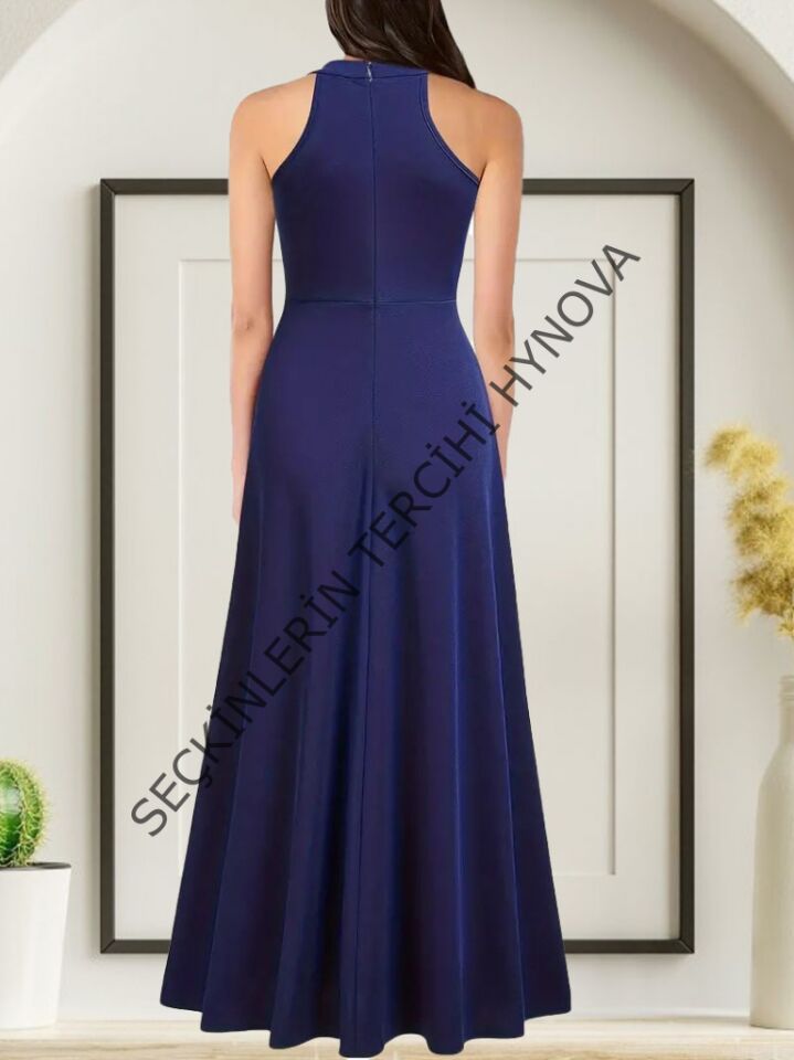 Kadın Halter Yaka Derin Yırtmaç Detaylı Tam Boy Janjan Krep Abiye Elbise