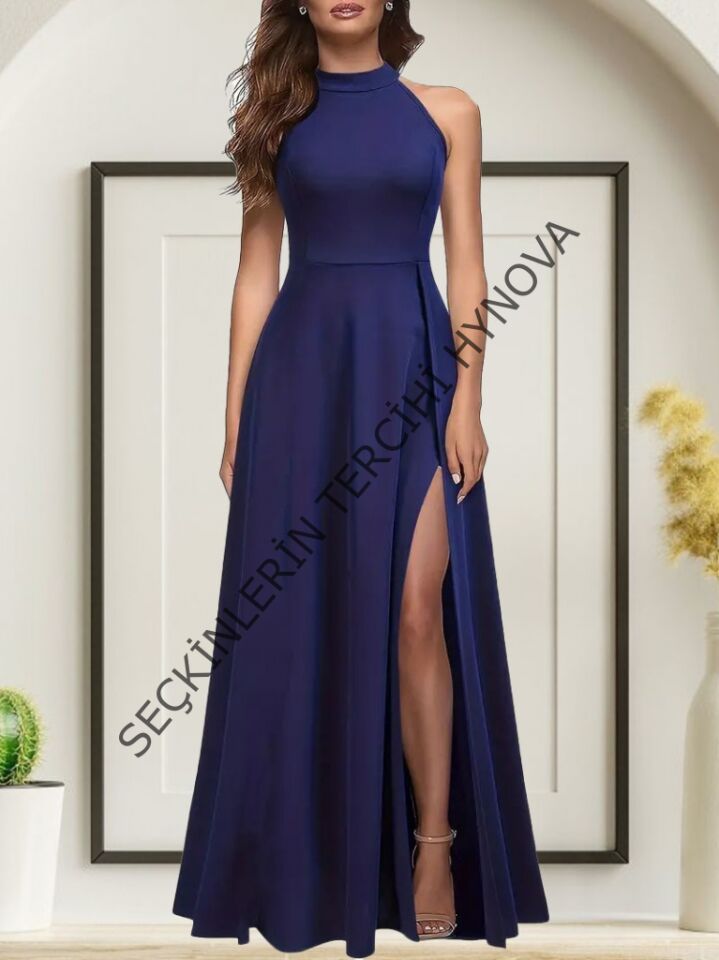 Kadın Halter Yaka Derin Yırtmaç Detaylı Tam Boy Janjan Krep Abiye Elbise