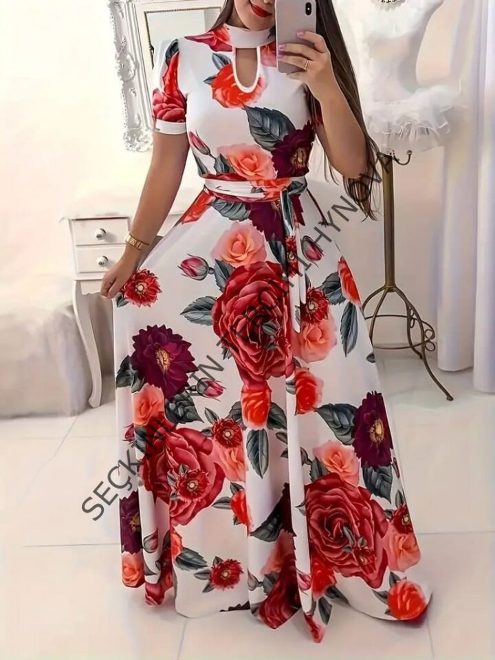 Kadın Kısa Kollu Pencere Detay Gül Baskılı Tam Boy Kiloş Elbise
