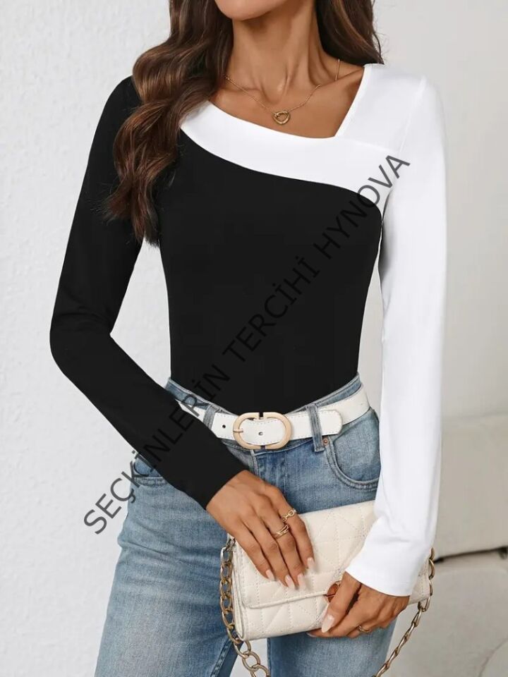 Kadın Uzun Kollu Geometrik Yaka Detaylı çift Renkli Viskon Bluz