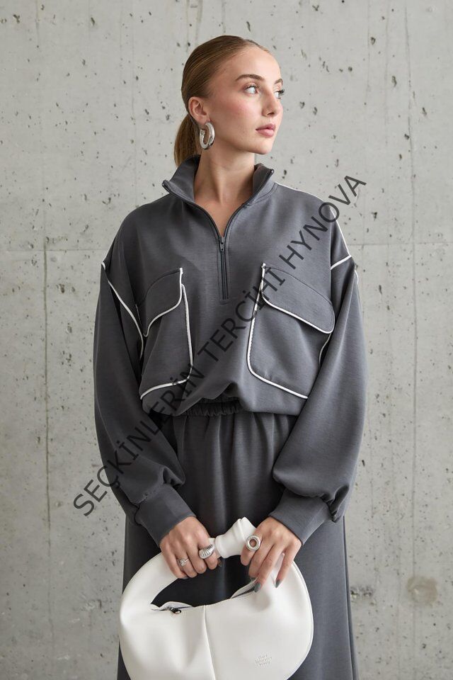 Füme Biyeli Sweatshirt Ve Etek Takım