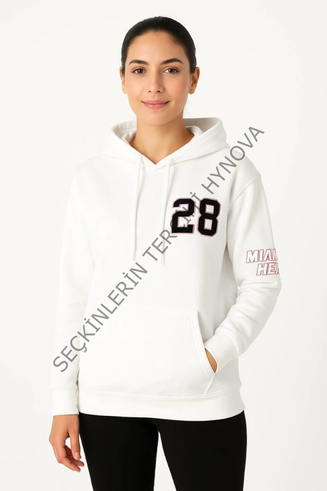 Üç İplik Kapüşonlu Ön Ve Arka Baskılı SweatShirt Hoodie - Beyaz