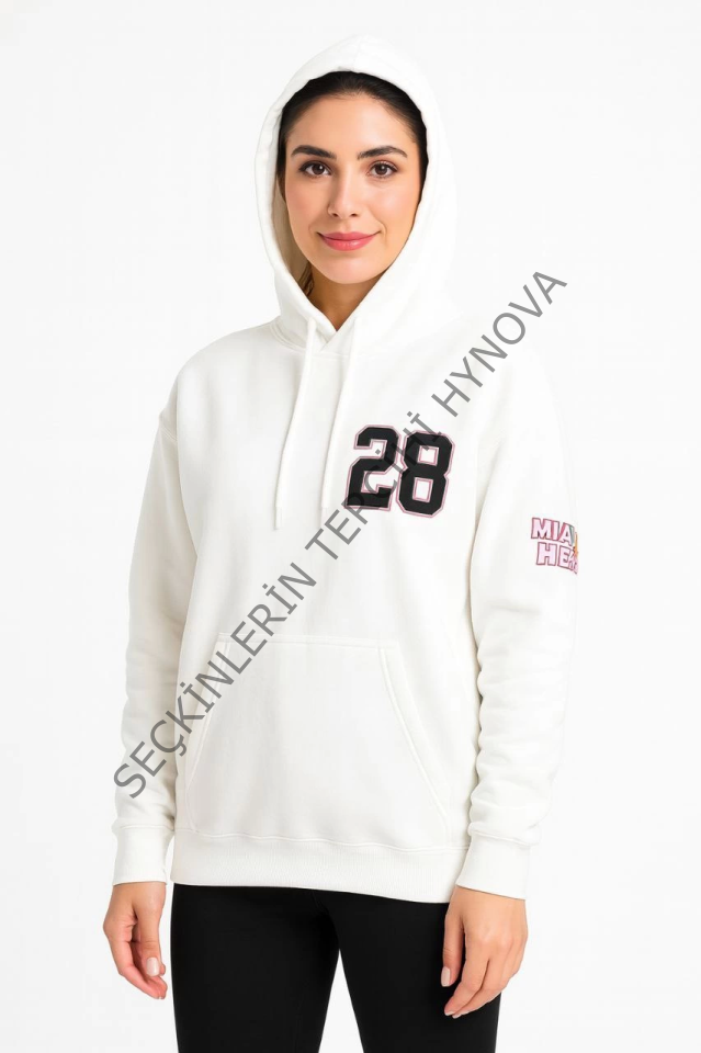 Üç İplik Kapüşonlu Ön Ve Arka Baskılı SweatShirt Hoodie - Beyaz