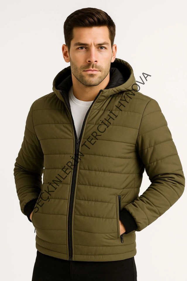 Erkek Şişme Kapüşonlu Fermuarlı Mont Su Itici Kapitone Astarlı Kumaş Cepli Kışlık Rahat Kalıp - Haki