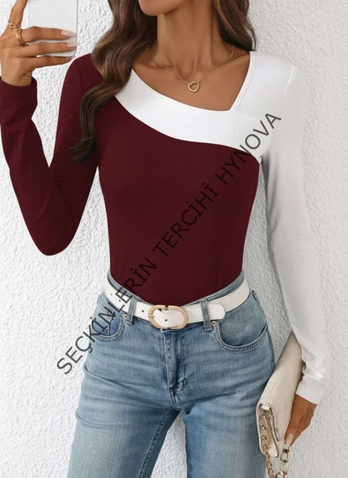 Kadın Uzun Kollu Geometrik Yaka Detaylı çift Renkli Viskon Bluz