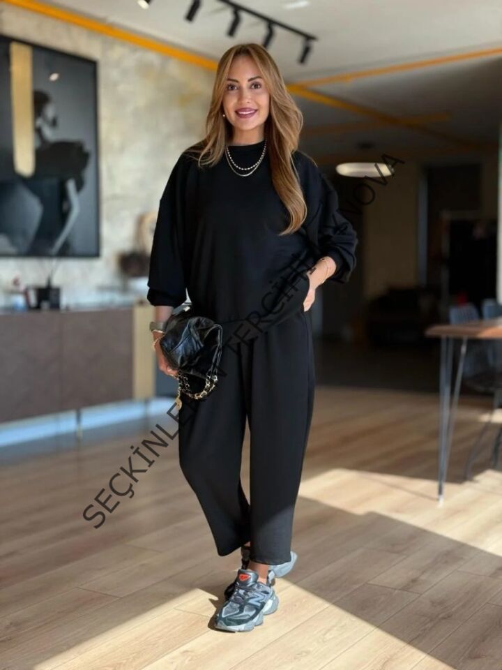 Kadın Uzun Kollu Bisiklet Yaka Viskon Iki Iplik Bluz Ve Pantolon Ikili Takım