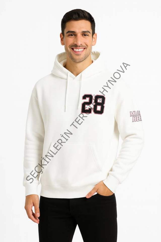 Üç İplik Kapüşonlu Ön Ve Arka Baskılı SweatShirt Hoodie - Beyaz