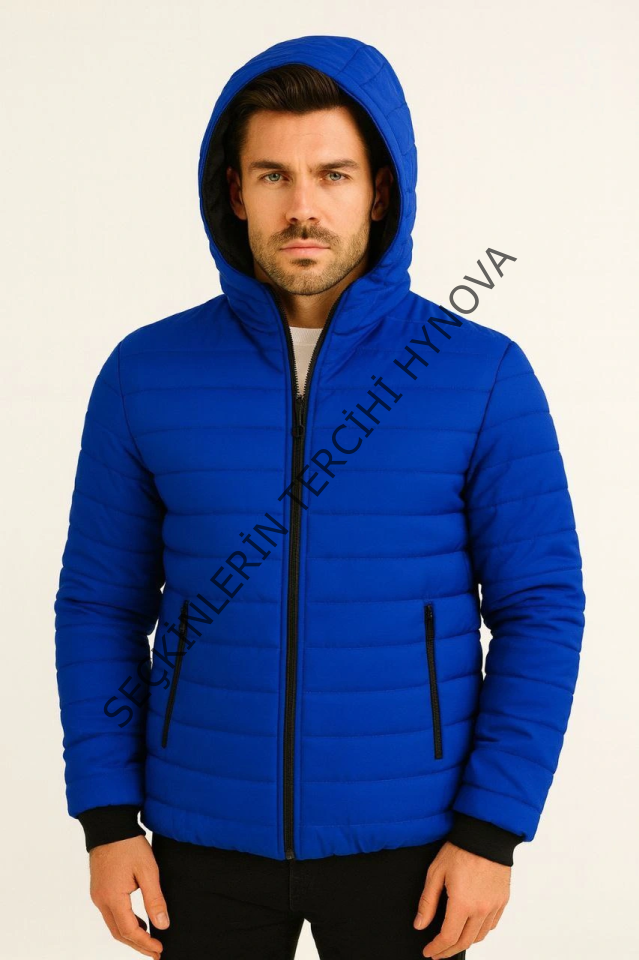 Erkek Şişme Kapüşonlu Fermuarlı Mont Su Itici Kapitone Astarlı Kumaş Cepli Kışlık Rahat Kalıp - Saks Mavisi