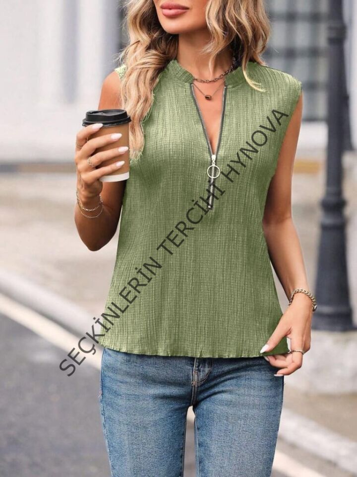 Kadın Hakim Yaka Fermuarlı Bürümcük Bluz