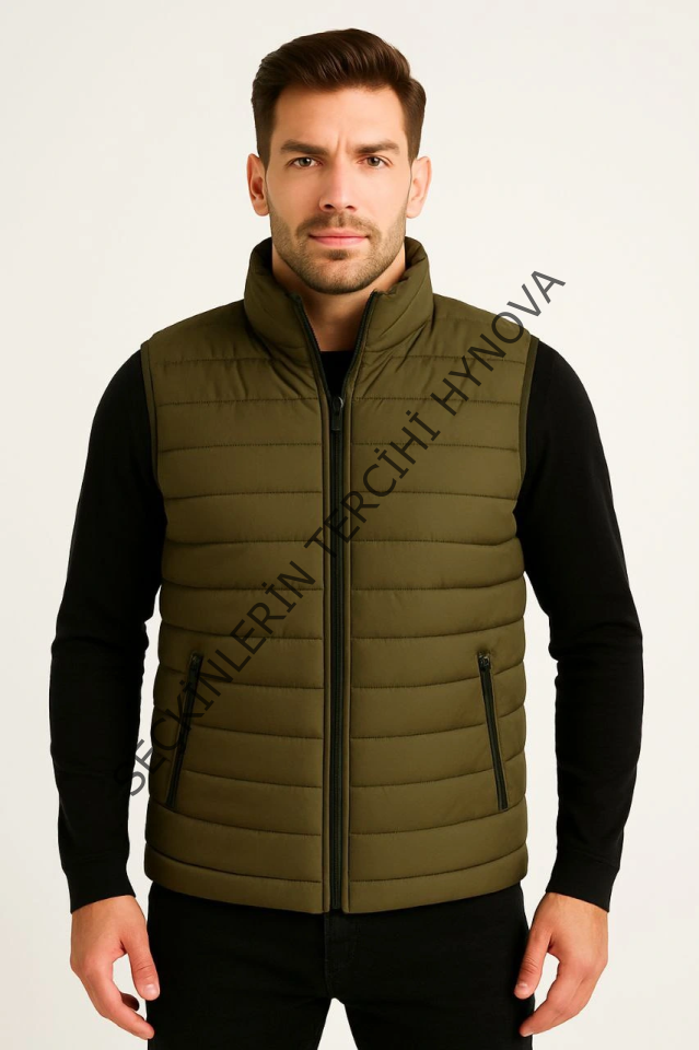 Erkek Şişme Fermuarlı Yelek Su Itici Kapitone Astarlı Kumaş Cepli Hafif Kışlık Spor Rahat Kalıp - Haki